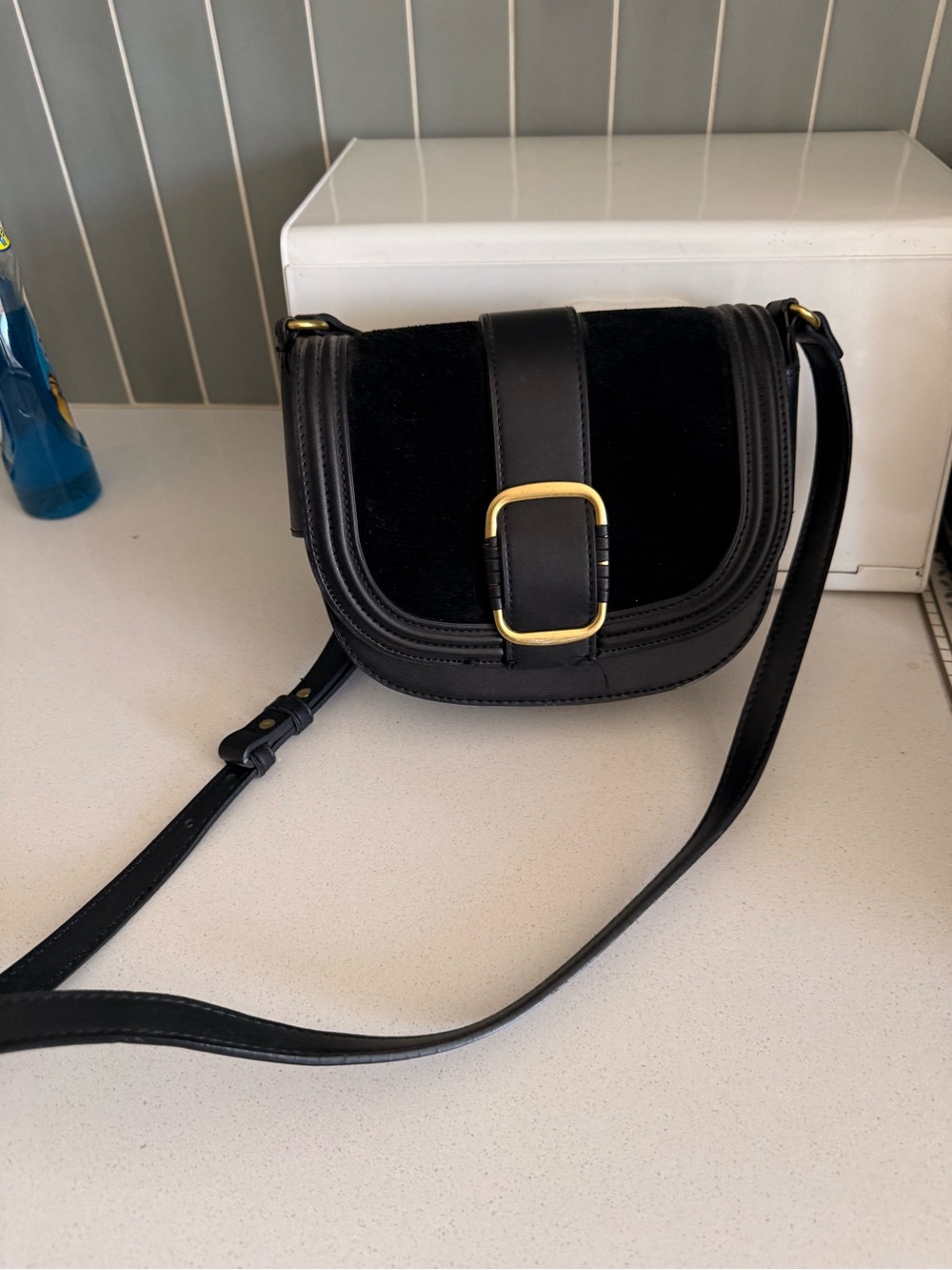 Black Saddle Crossbody Bag with Gold Buckle